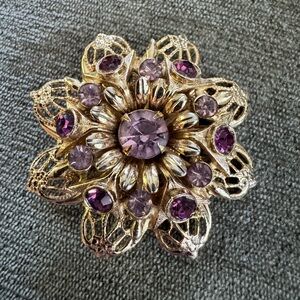 Gold and Purple Floral Filigree Brooch